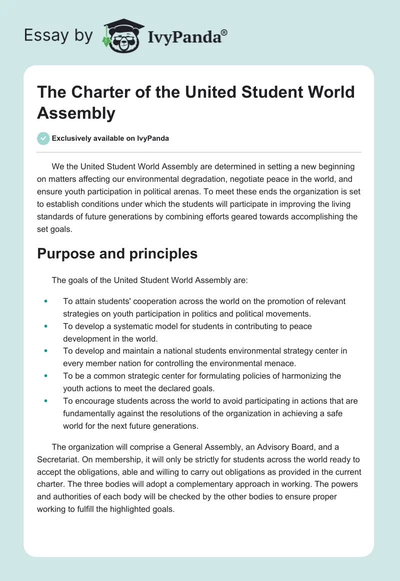 The Charter of the United Student World Assembly. Page 1