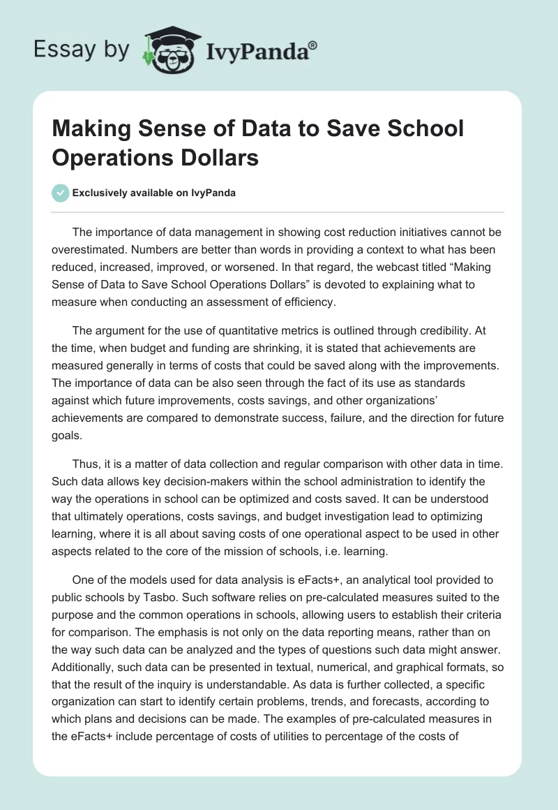 Making Sense of Data to Save School Operations Dollars. Page 1
