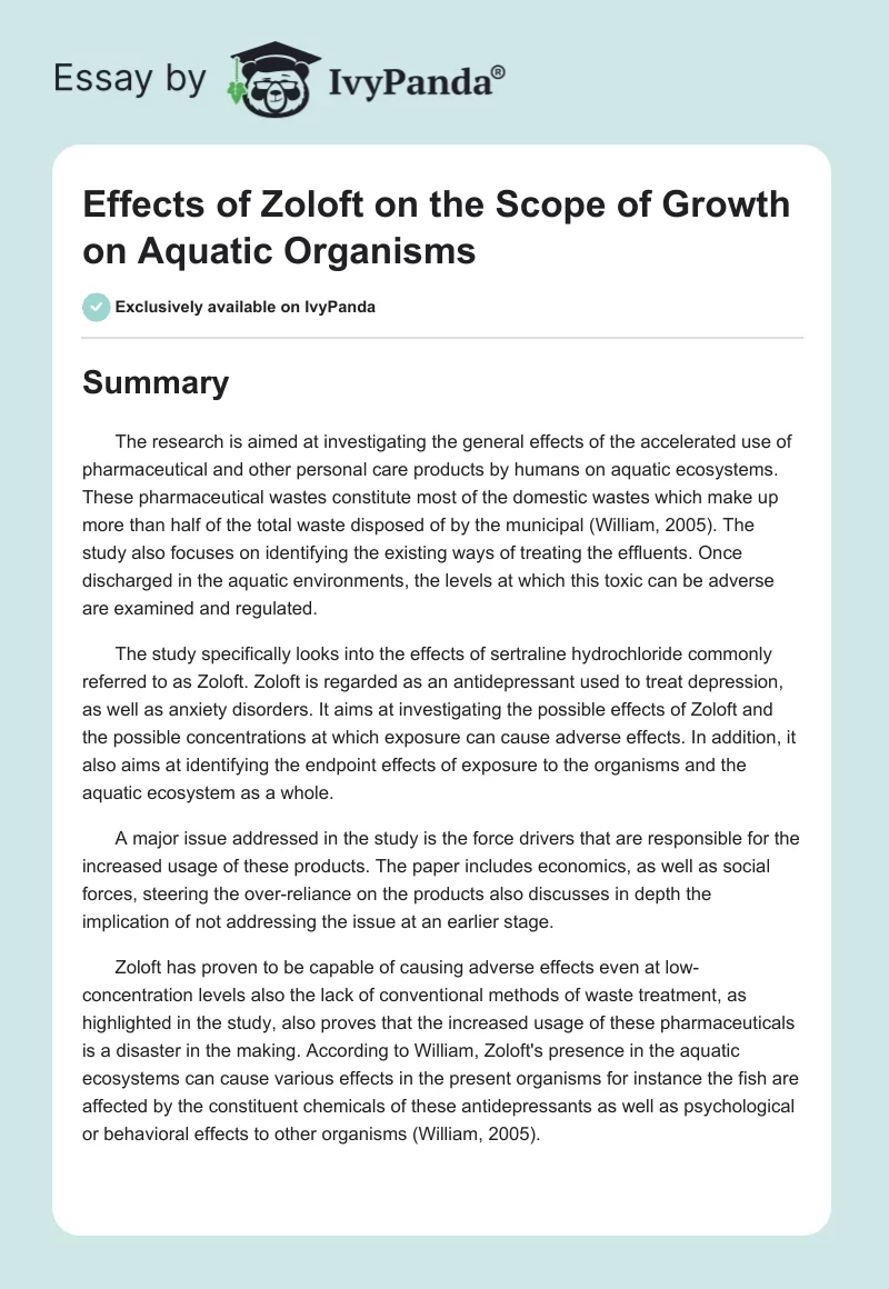 Effects of Zoloft on the Scope of Growth on Aquatic Organisms. Page 1