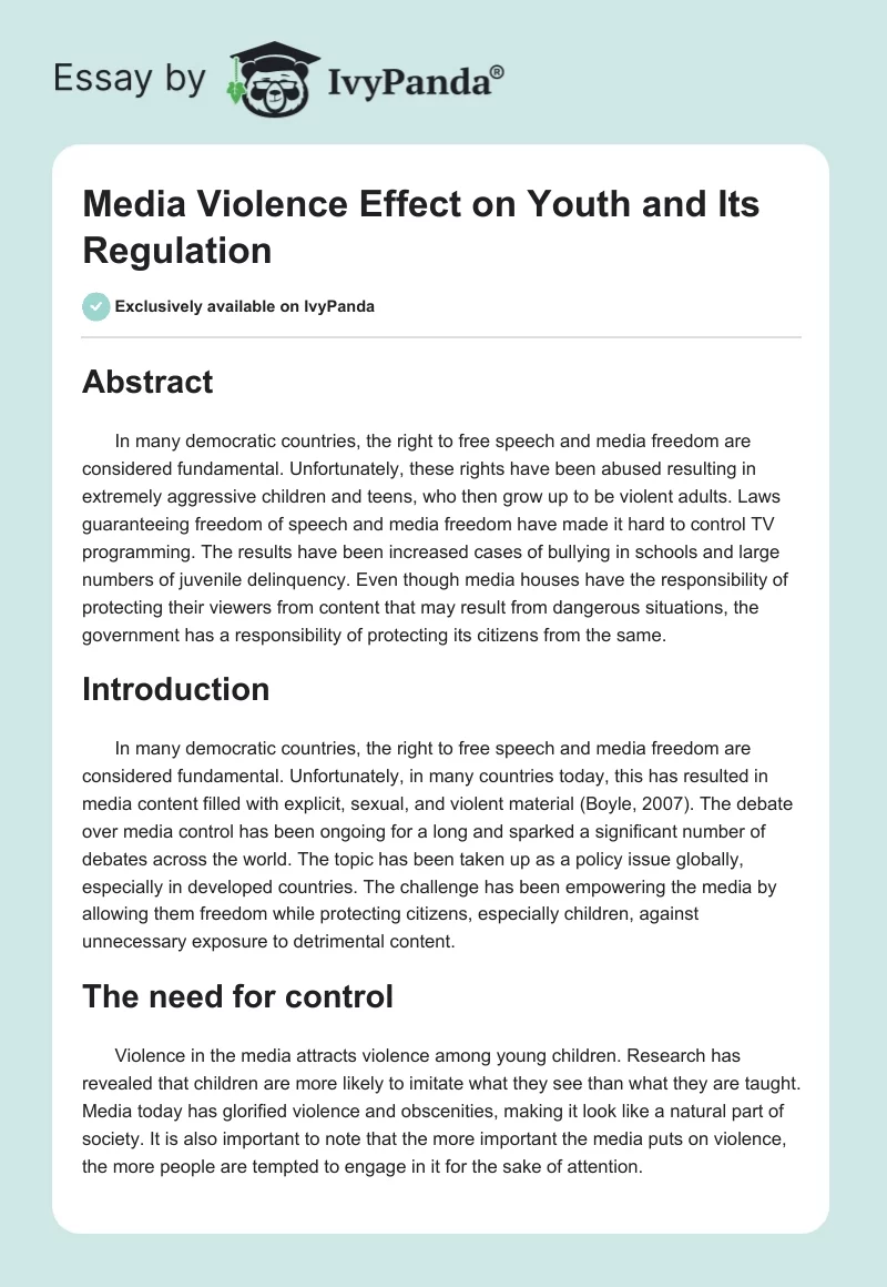 Media Violence Effect on Youth and Its Regulation. Page 1
