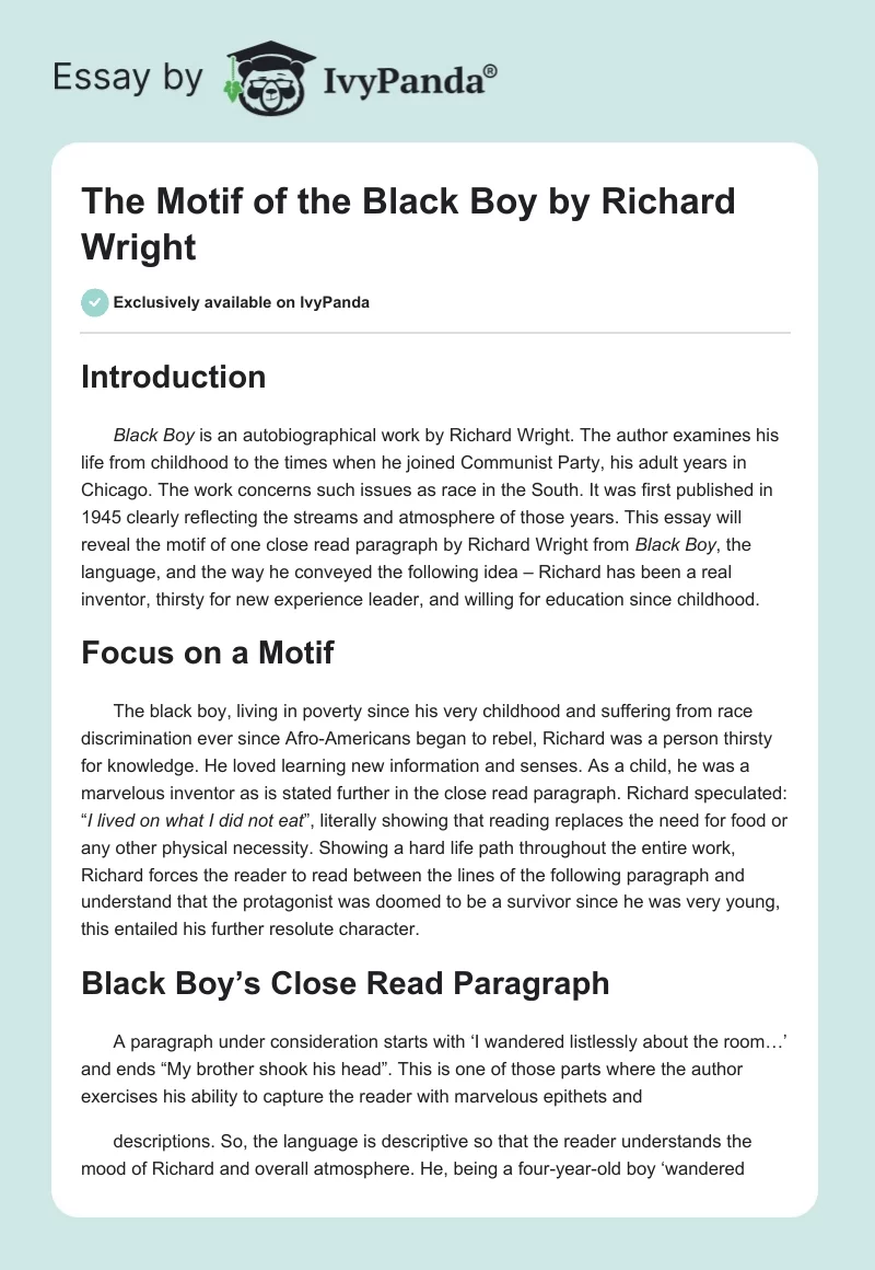 The Motif of the "Black Boy" by Richard Wright. Page 1