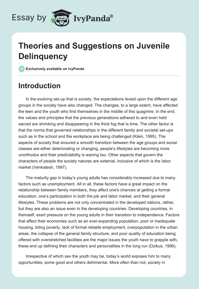 Theories and Suggestions on Juvenile Delinquency. Page 1