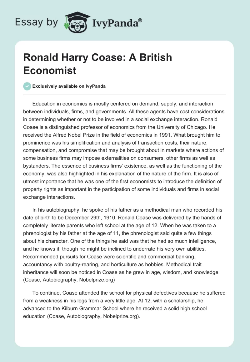 Ronald Harry Coase: A British Economist. Page 1