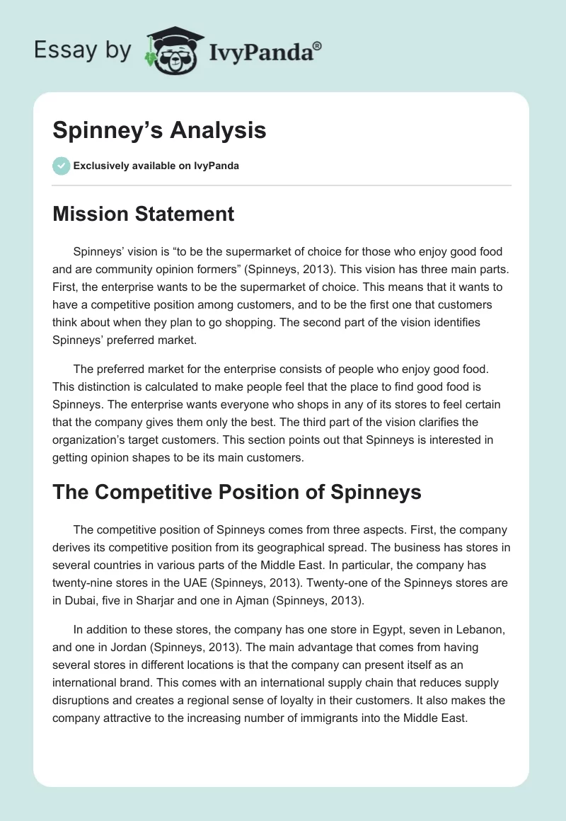 Spinney’s Analysis. Page 1