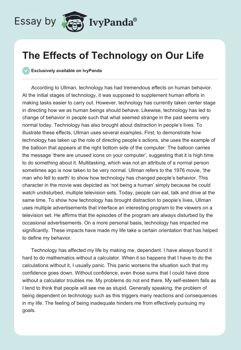 The Effects of Technology on Our Life. Page 1