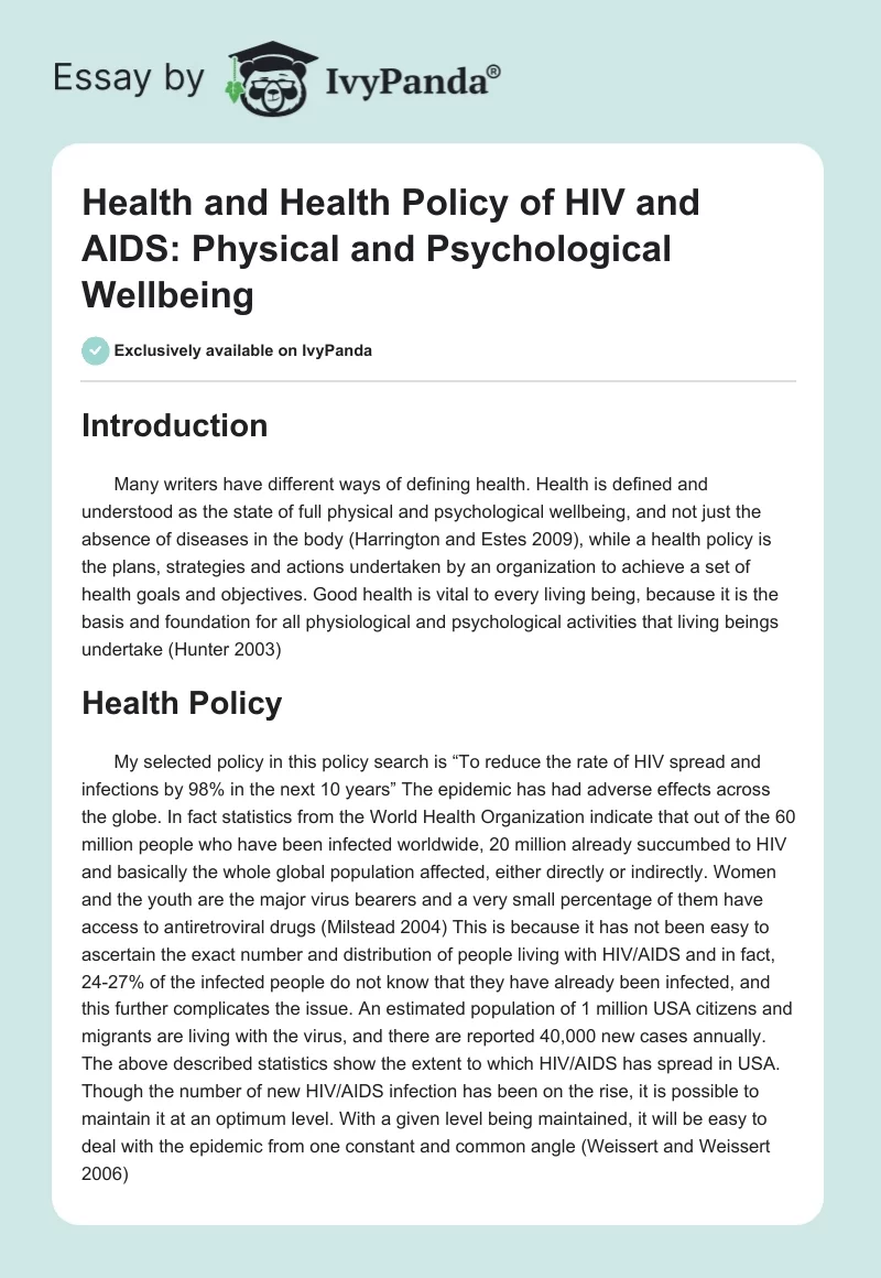 Health and Health Policy of HIV and AIDS: Physical and Psychological Wellbeing. Page 1