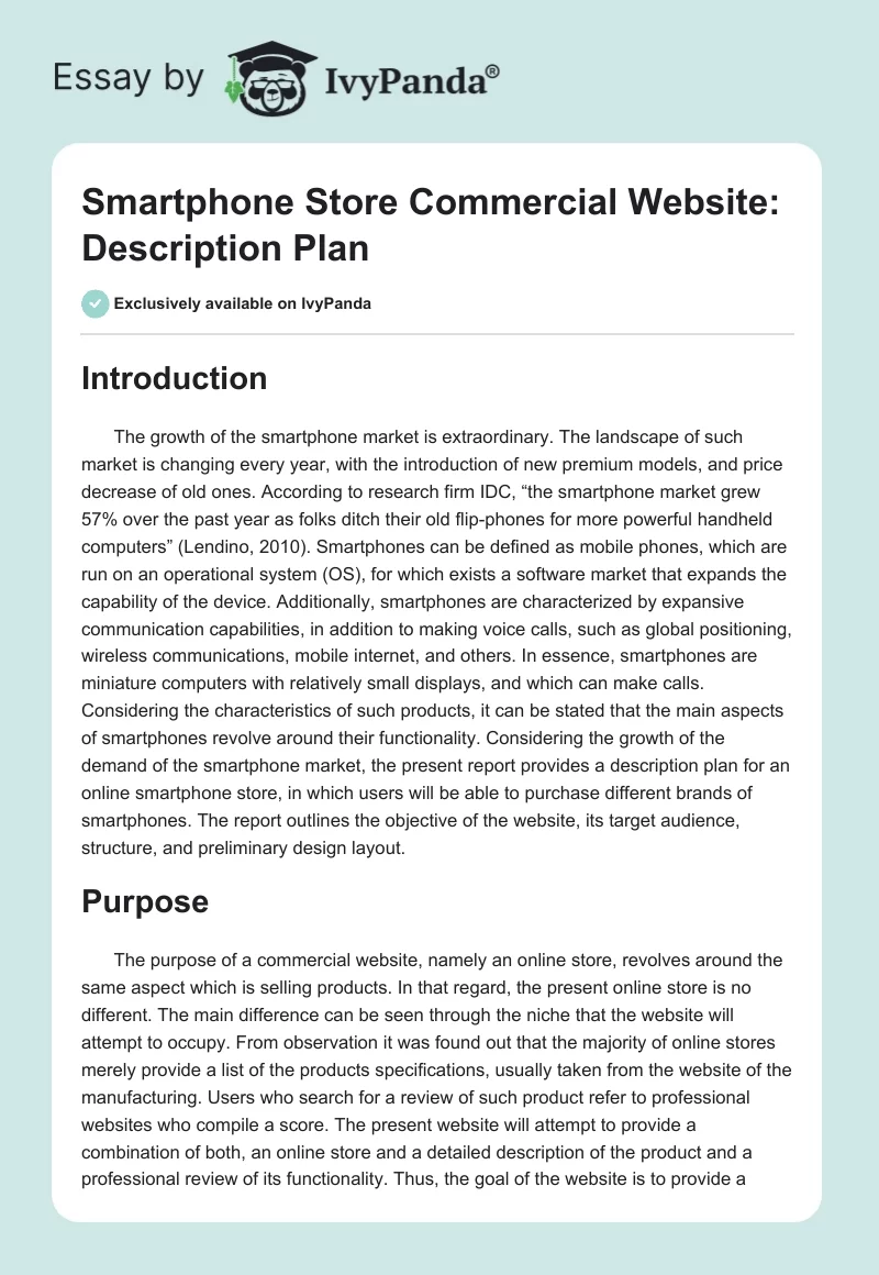 Smartphone Store Commercial Website: Description Plan. Page 1