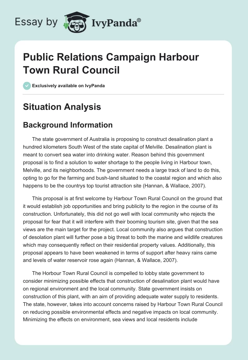 Public Relations Campaign Harbour Town Rural Council. Page 1