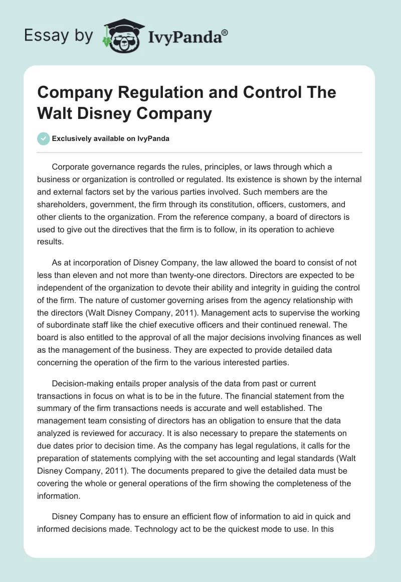 Company Regulation and Control The Walt Disney Company. Page 1