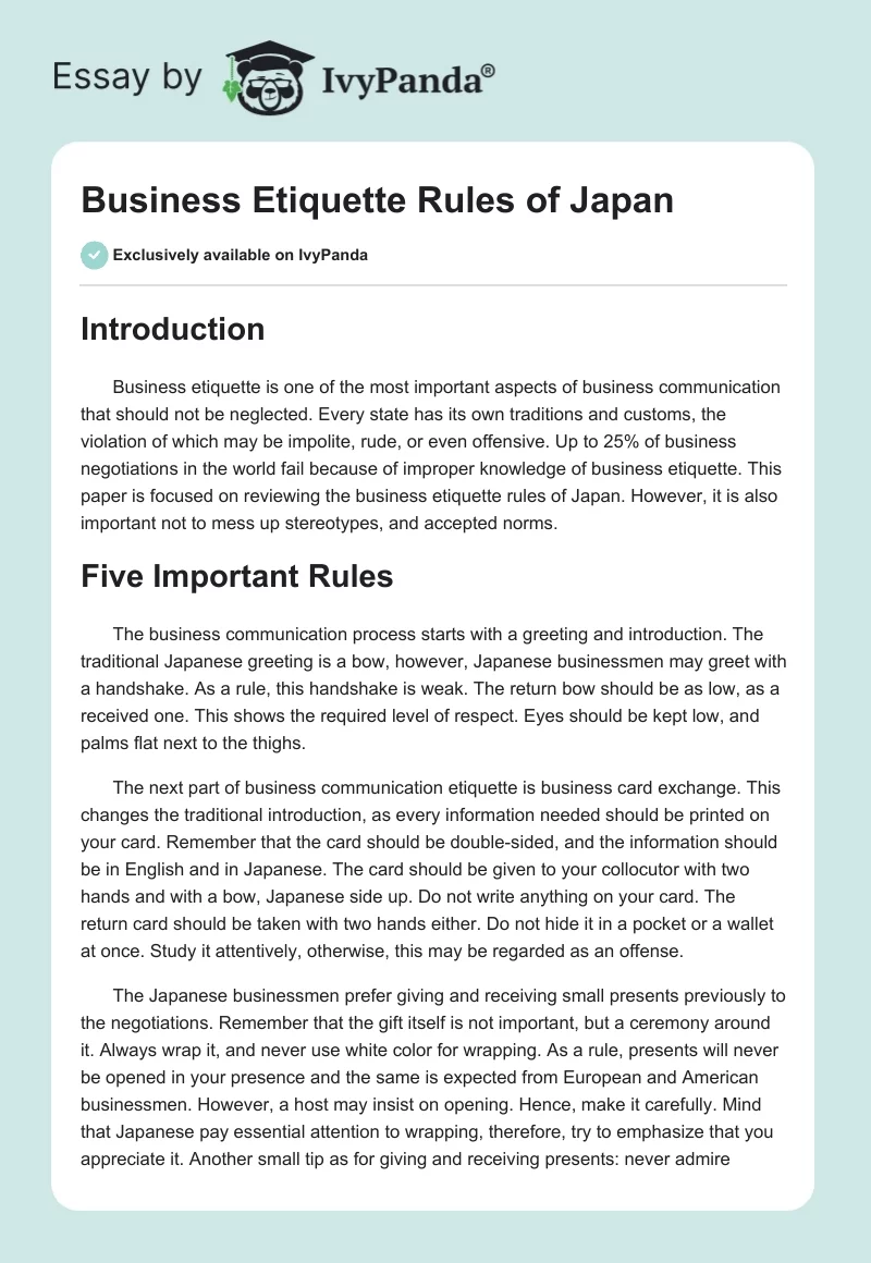 Business Etiquette Rules of Japan. Page 1