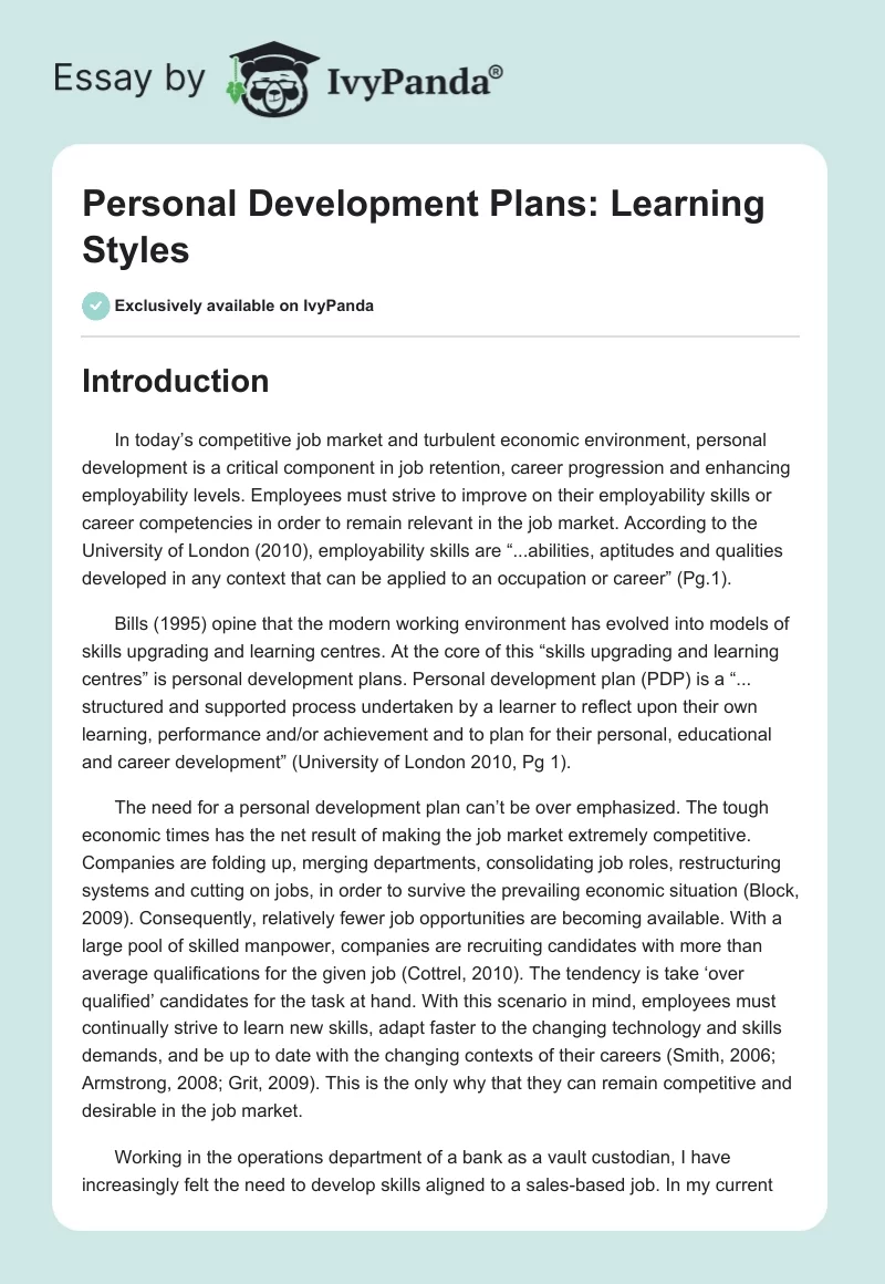 Personal Development Plans: Learning Styles. Page 1