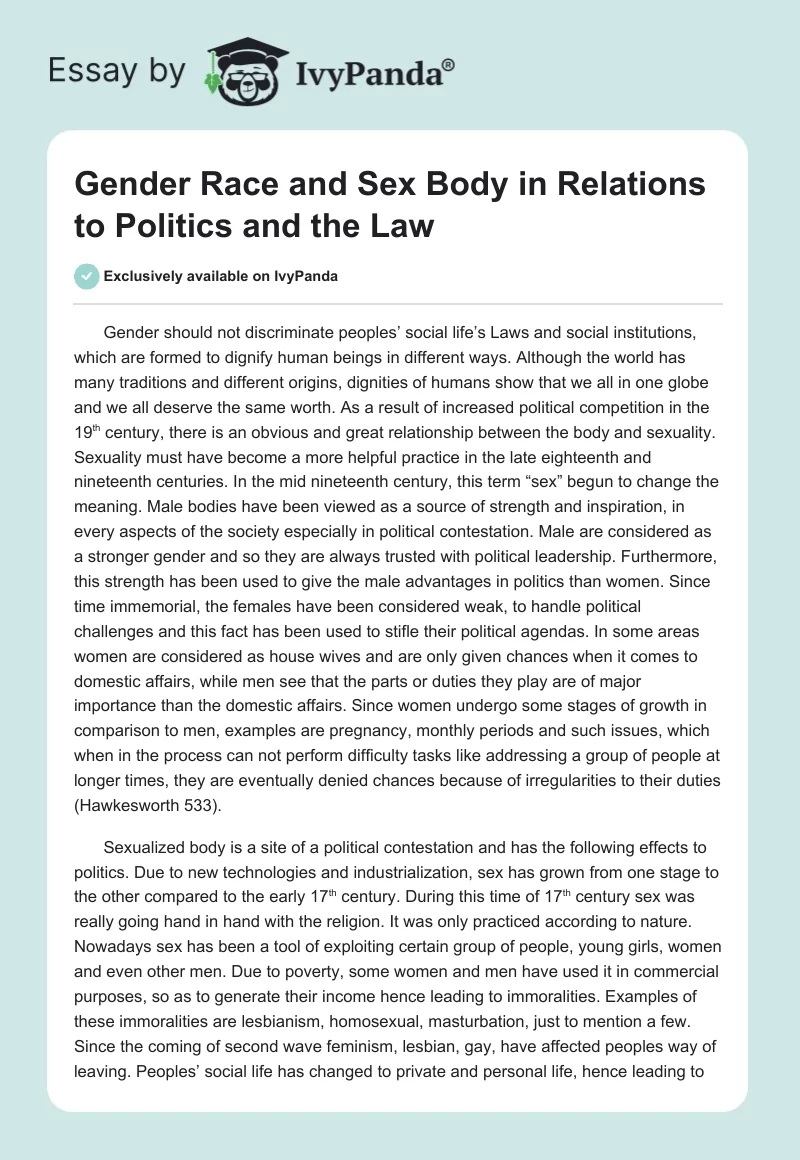 Gender Race and Sex Body in Relations to Politics and the Law. Page 1