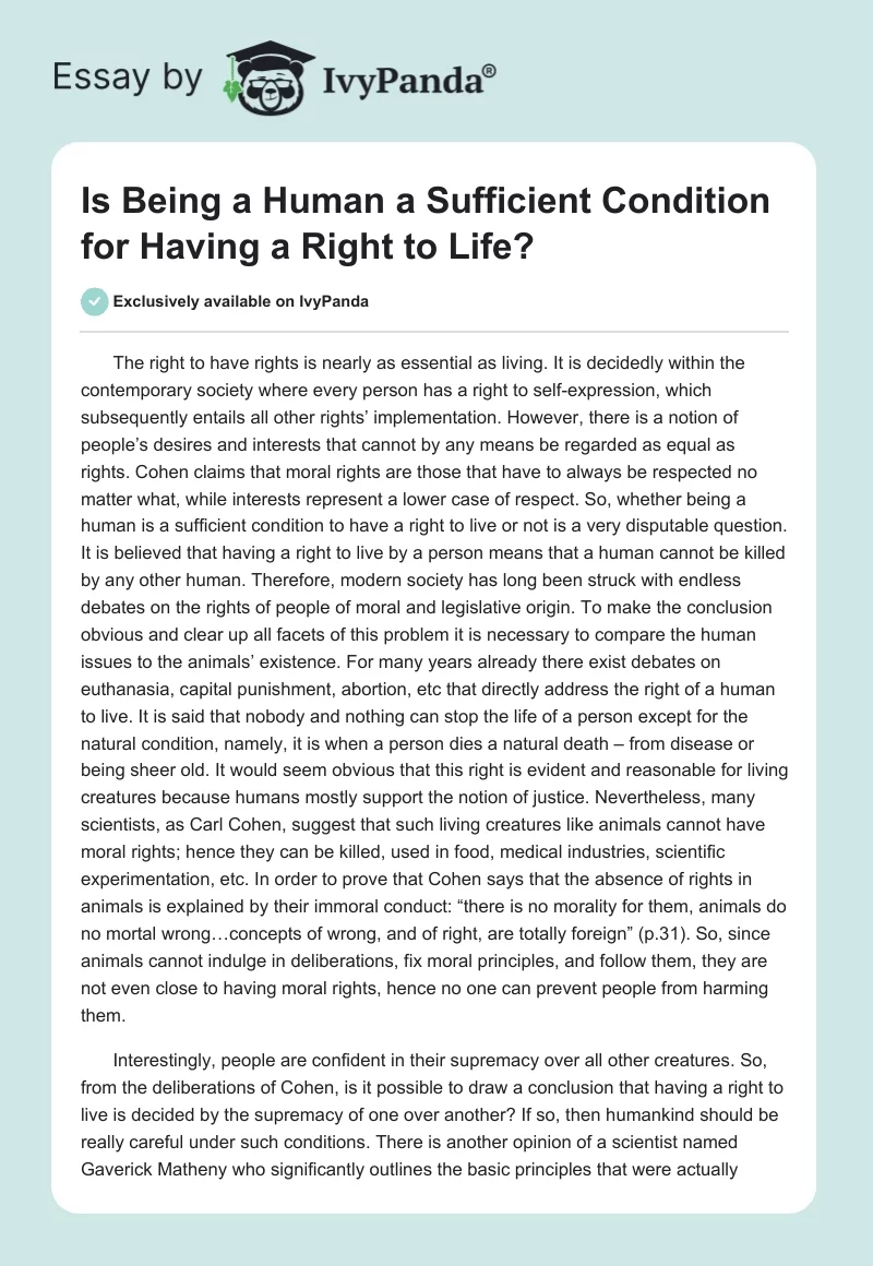 Is Being a Human a Sufficient Condition for Having a Right to Life?. Page 1