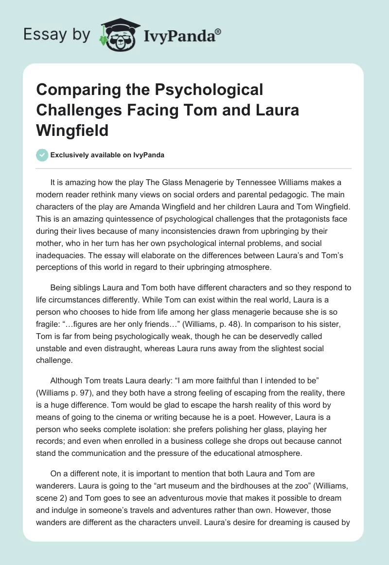 Comparing the Psychological Challenges Facing Tom and Laura Wingfield. Page 1