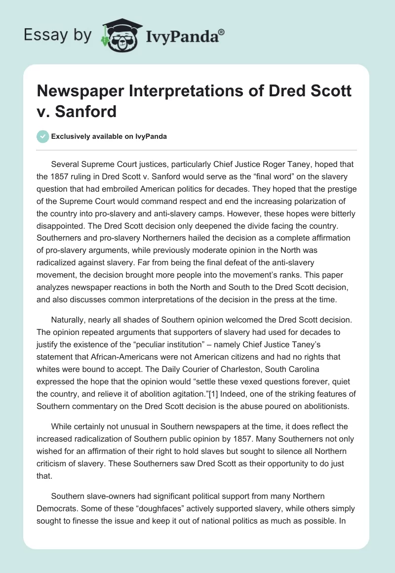 Newspaper Interpretations of Dred Scott vs. Sanford. Page 1