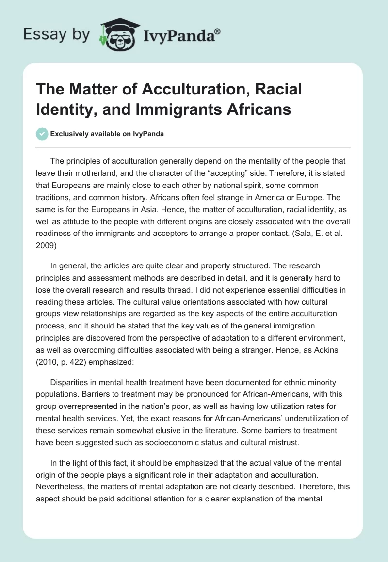 The Matter of Acculturation, Racial Identity, and Immigrants Africans. Page 1
