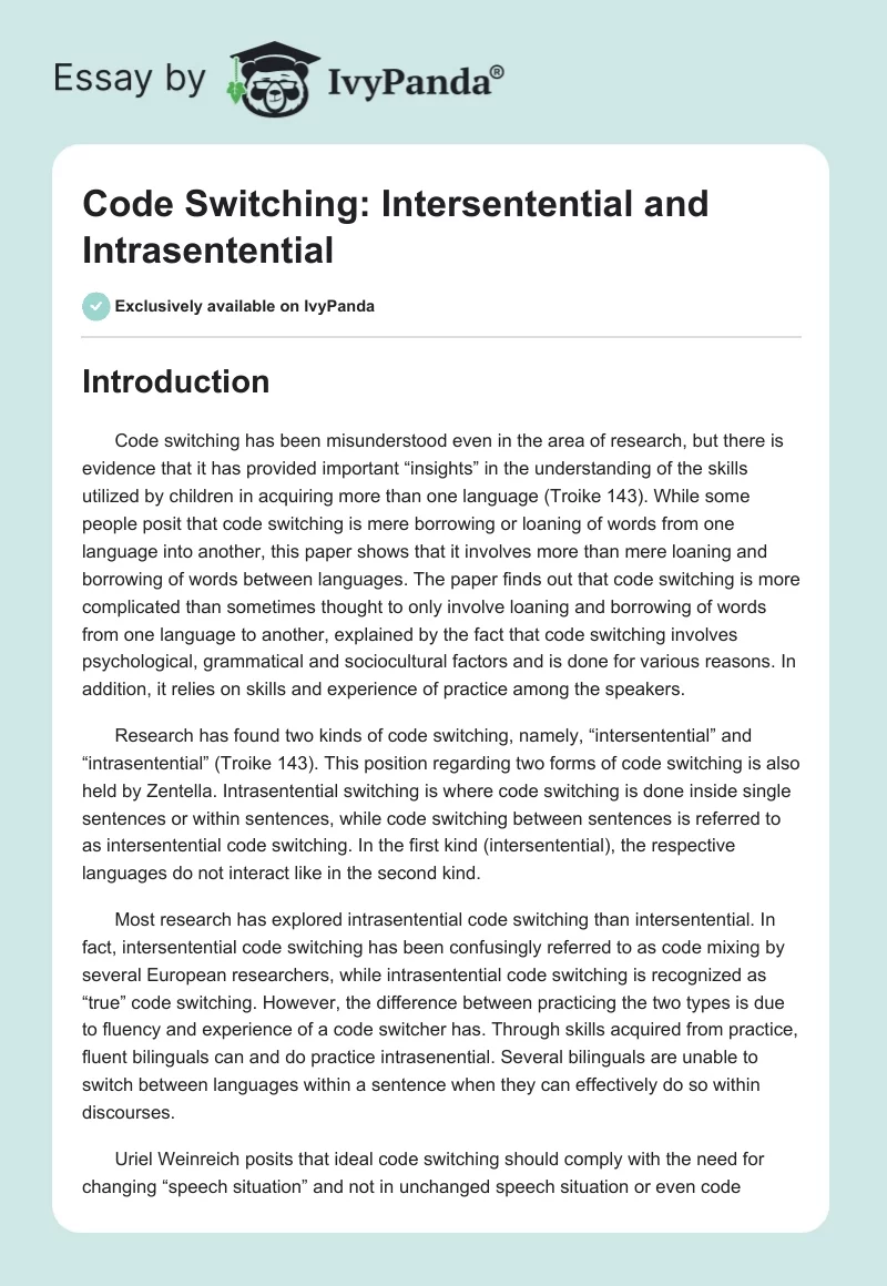 Code Switching: Intersentential and Intrasentential. Page 1