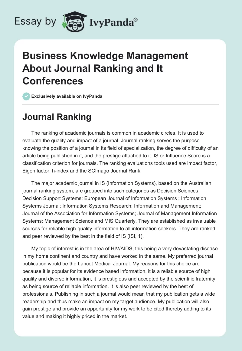 Business Knowledge Management About Journal Ranking and It Conferences. Page 1