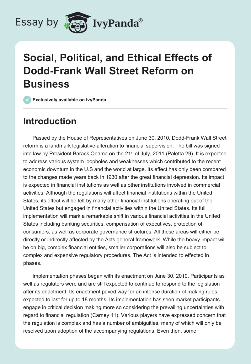 Social, Political, and Ethical Effects of Dodd-Frank Wall Street Reform on Business. Page 1