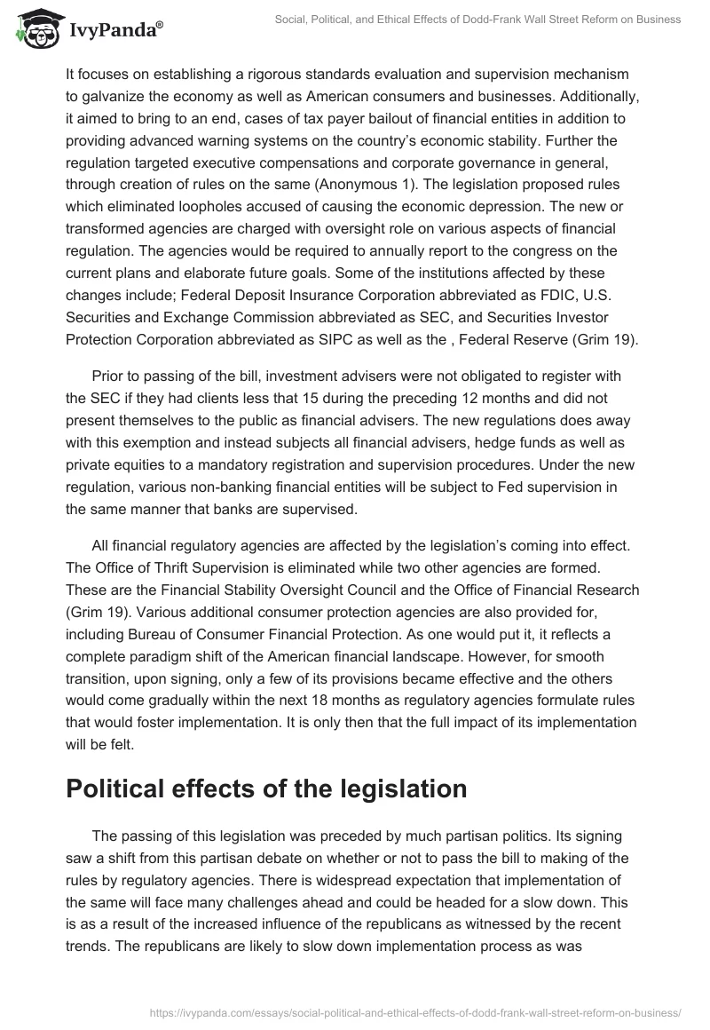 Social, Political, and Ethical Effects of Dodd-Frank Wall Street Reform on Business. Page 3