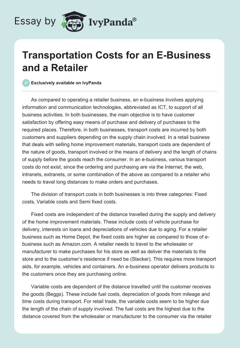 Transportation Costs for an E-Business and a Retailer. Page 1