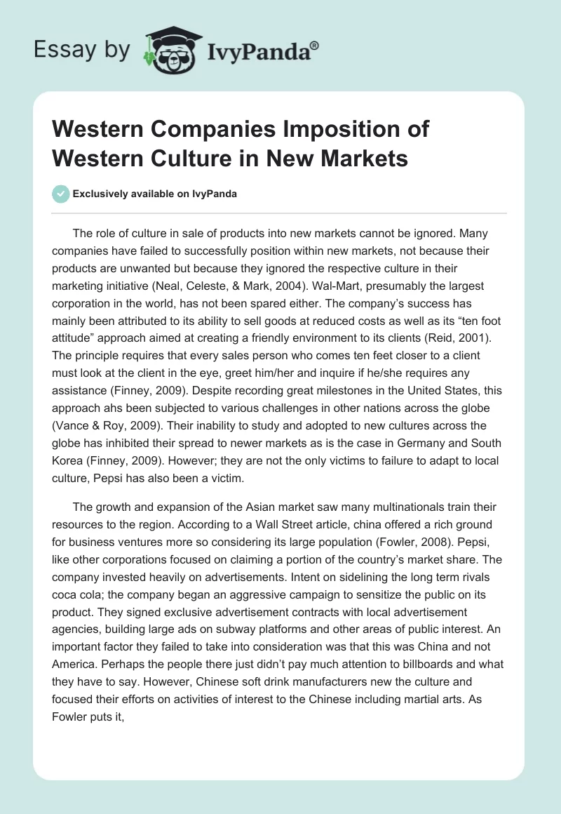 Western Companies Imposition of Western Culture in New Markets. Page 1