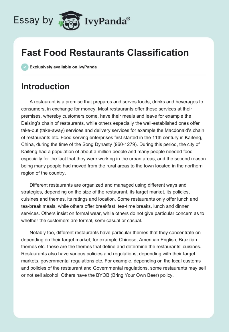 Fast Food Restaurants: Classification. Page 1