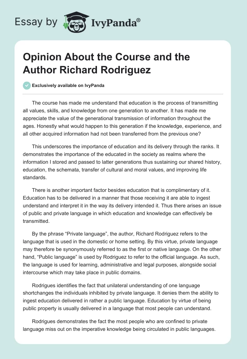 Opinion About the Course and the Author Richard Rodriguez. Page 1