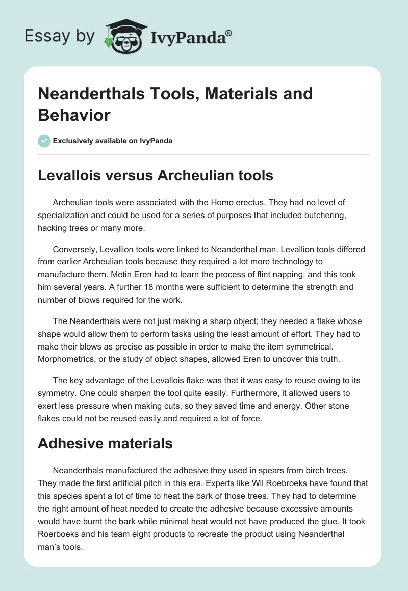 Neanderthals Tools, Materials and Behavior. Page 1