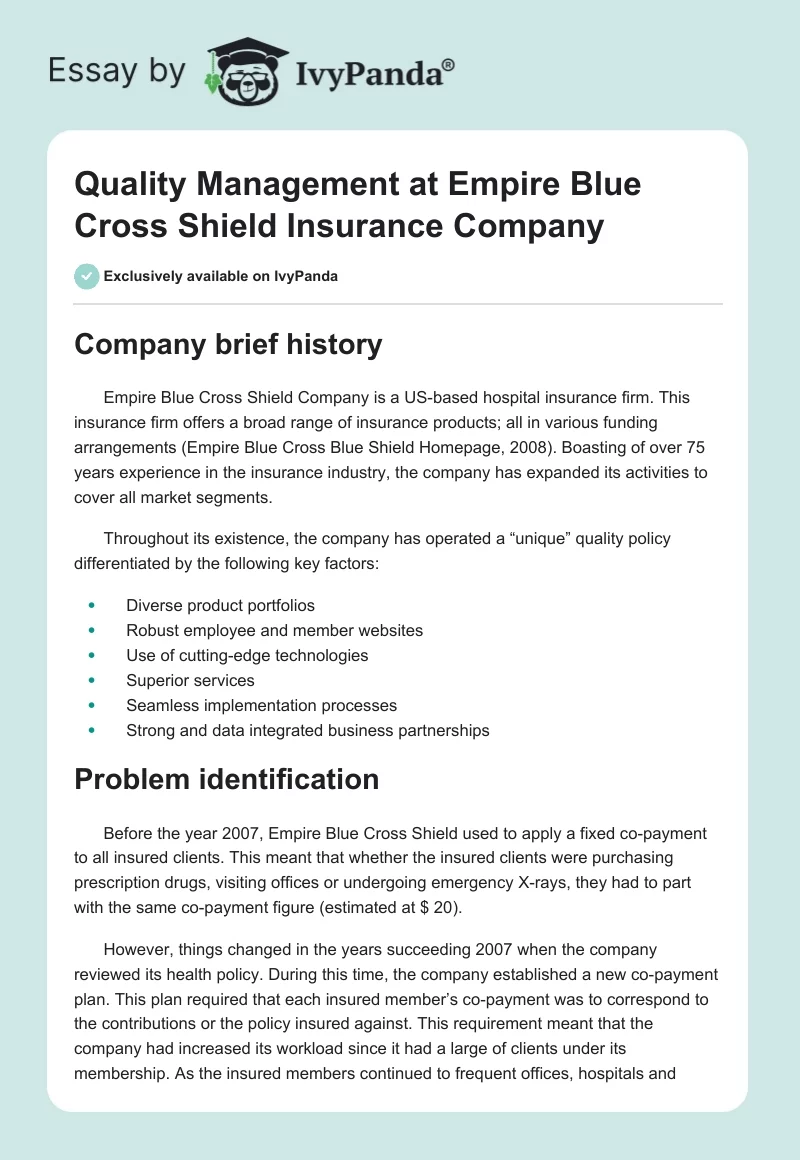 Quality Management at Empire Blue Cross Shield Insurance Company. Page 1