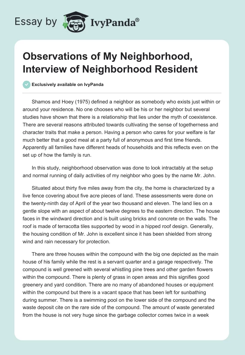 Observations of My Neighborhood, Interview of Neighborhood Resident. Page 1