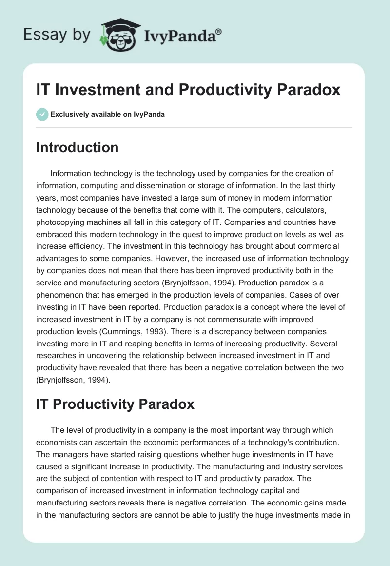 IT Investment and Productivity Paradox. Page 1