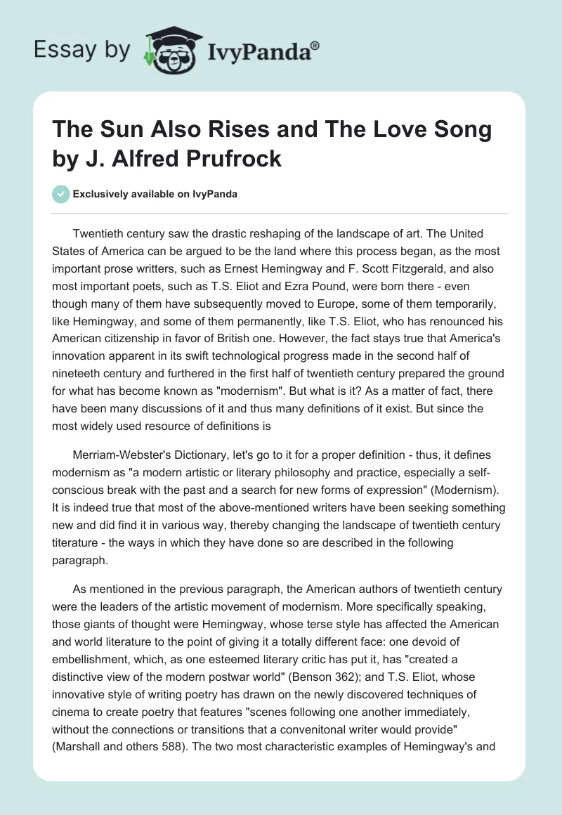 "The Sun Also Rises" and "The Love Song" by J. Alfred Prufrock. Page 1