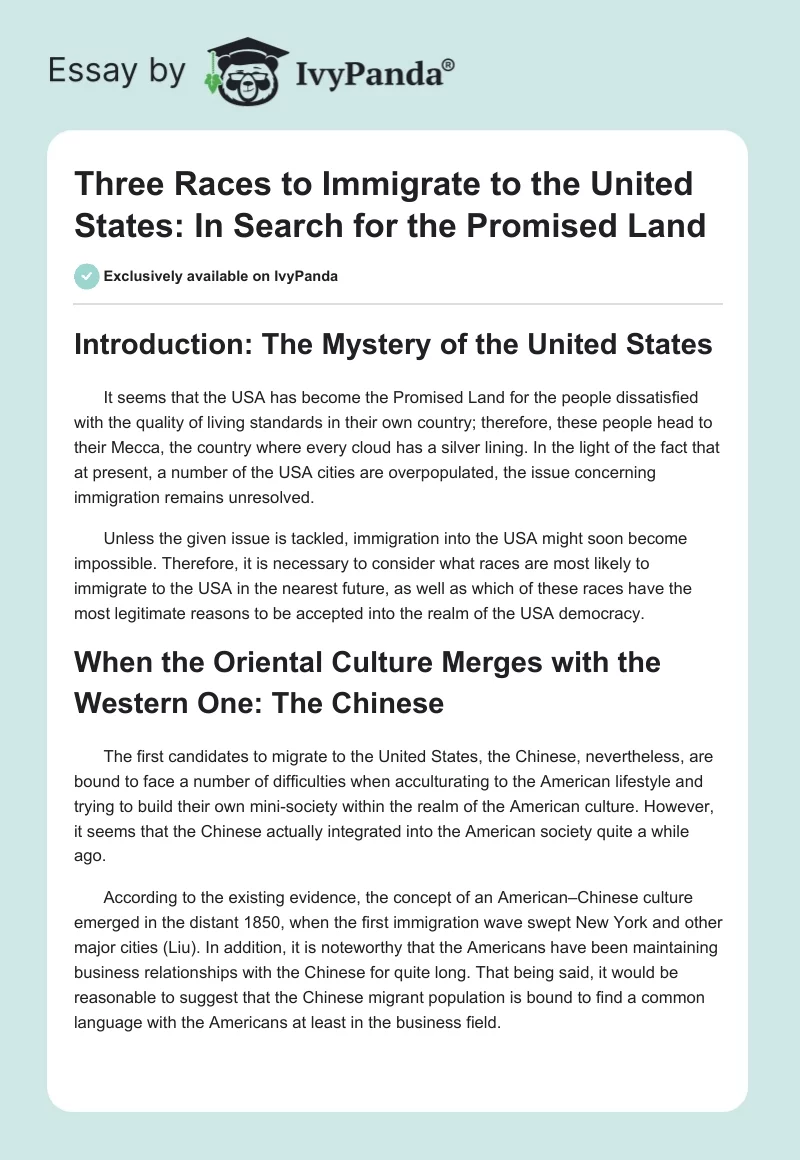 Three Races to Immigrate to the United States: In Search for the Promised Land. Page 1