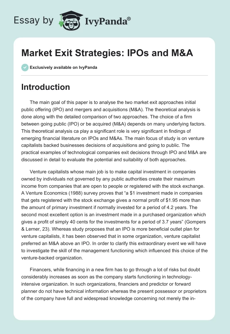 Market Exit Strategies: IPOs and M&A. Page 1