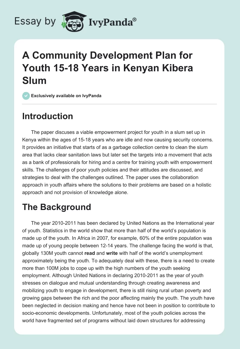 A Community Development Plan for Youth 15-18 Years in Kenyan Kibera Slum. Page 1