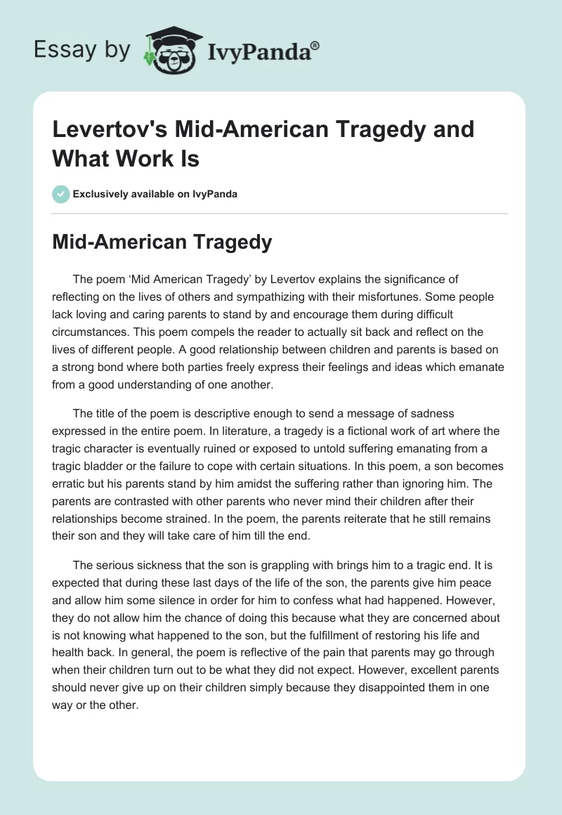 Levertov's "Mid-American Tragedy" and "What Work Is". Page 1