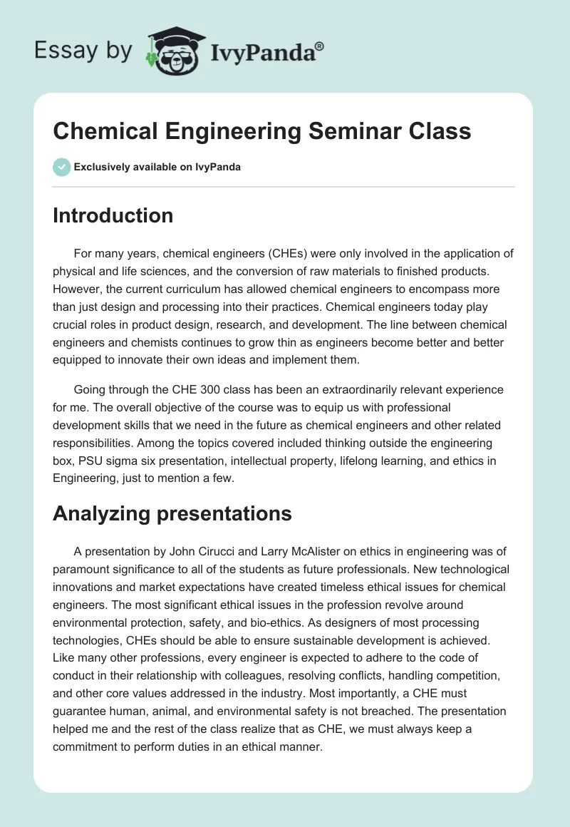 Chemical Engineering Seminar Class. Page 1