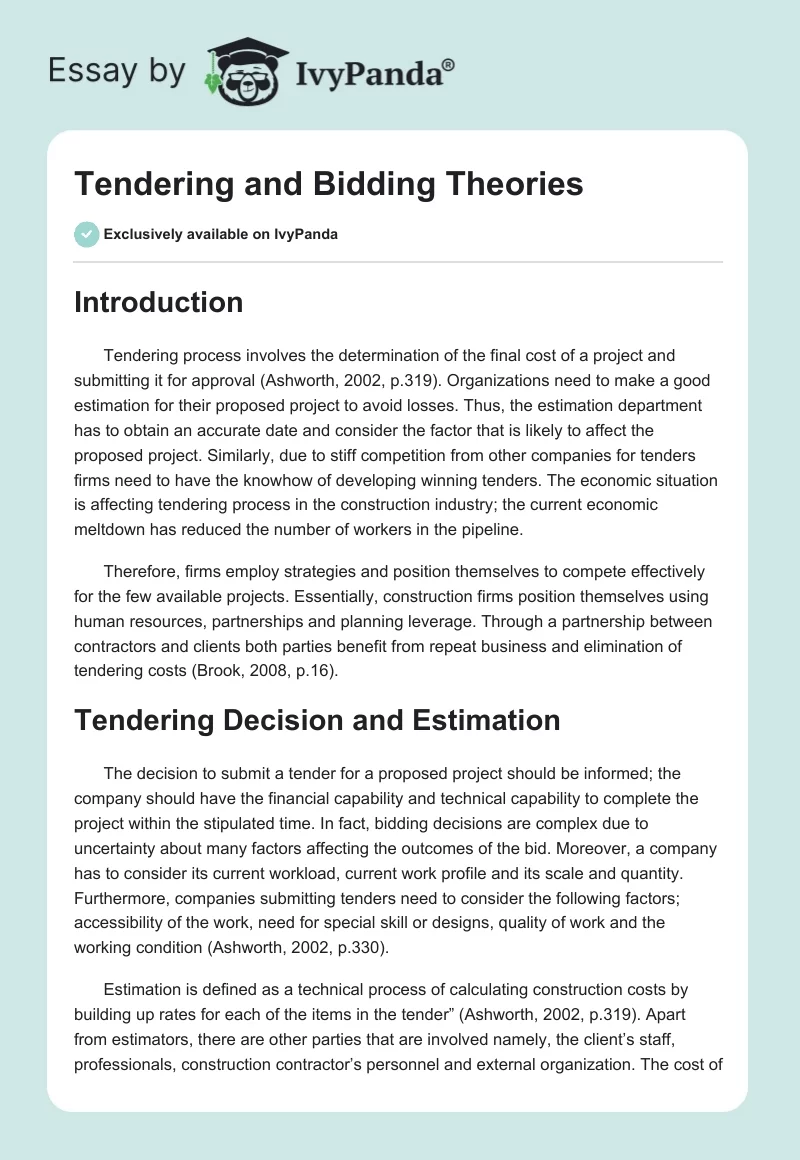 Tendering and Bidding Theories. Page 1