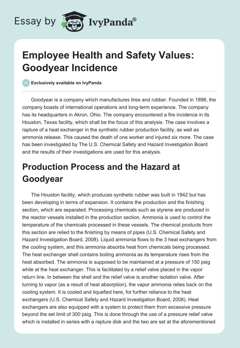 Employee Health and Safety Values: Goodyear Incidence. Page 1