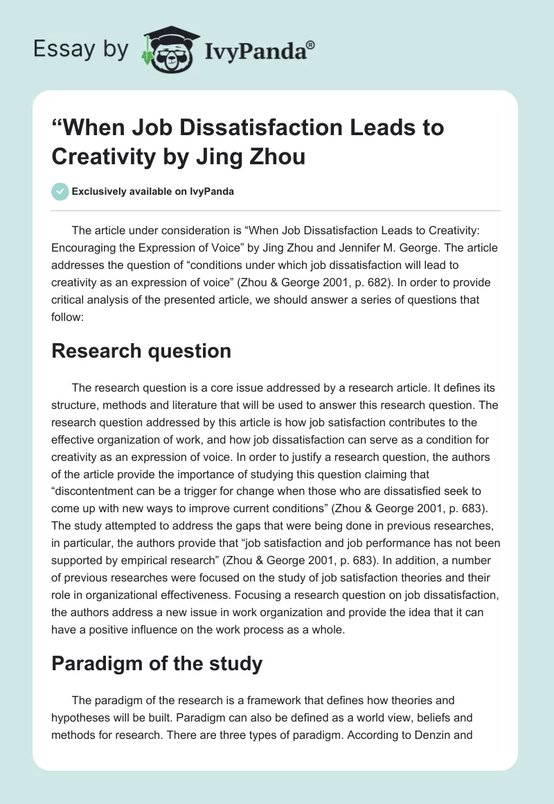 “When Job Dissatisfaction Leads to Creativity" by Jing Zhou. Page 1
