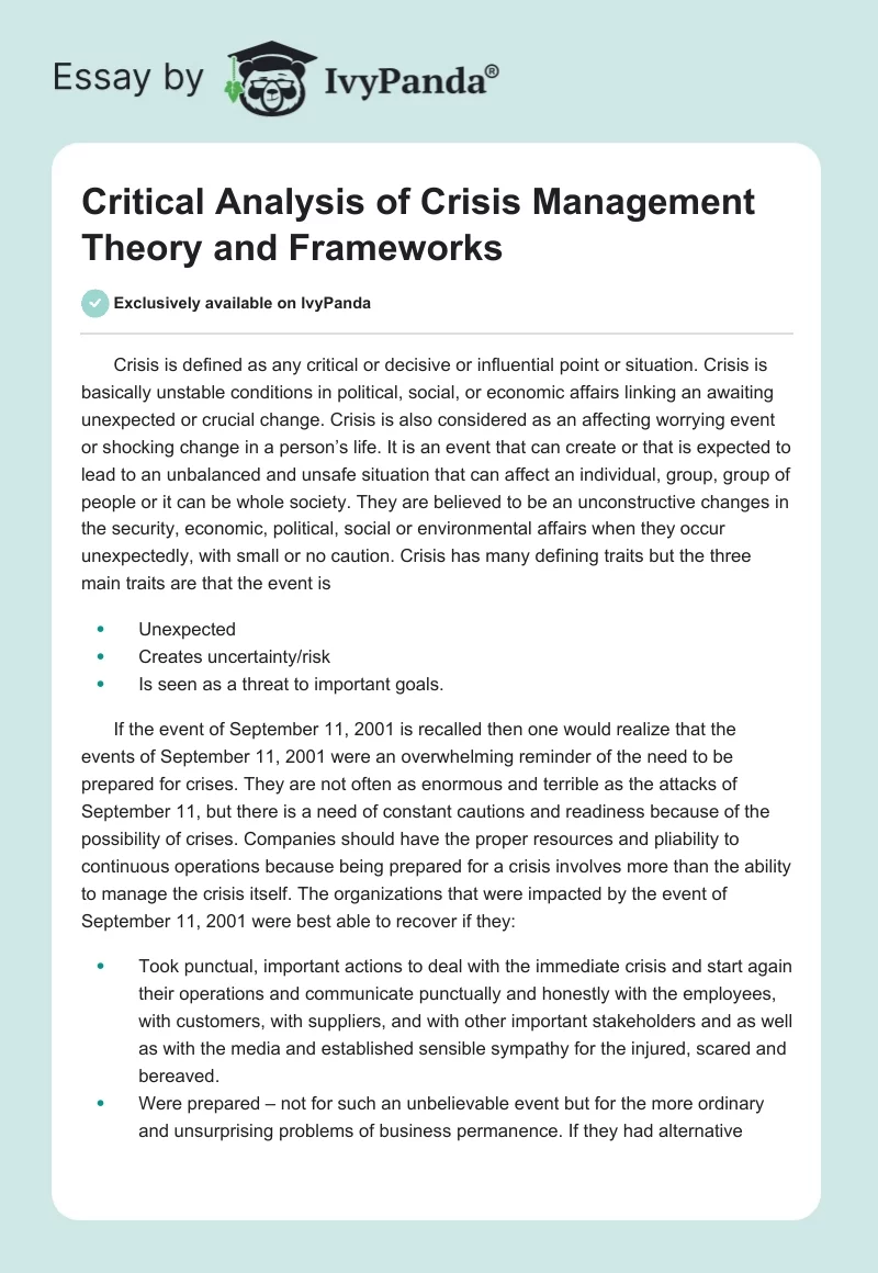 Critical Analysis of Crisis Management Theory and Frameworks. Page 1