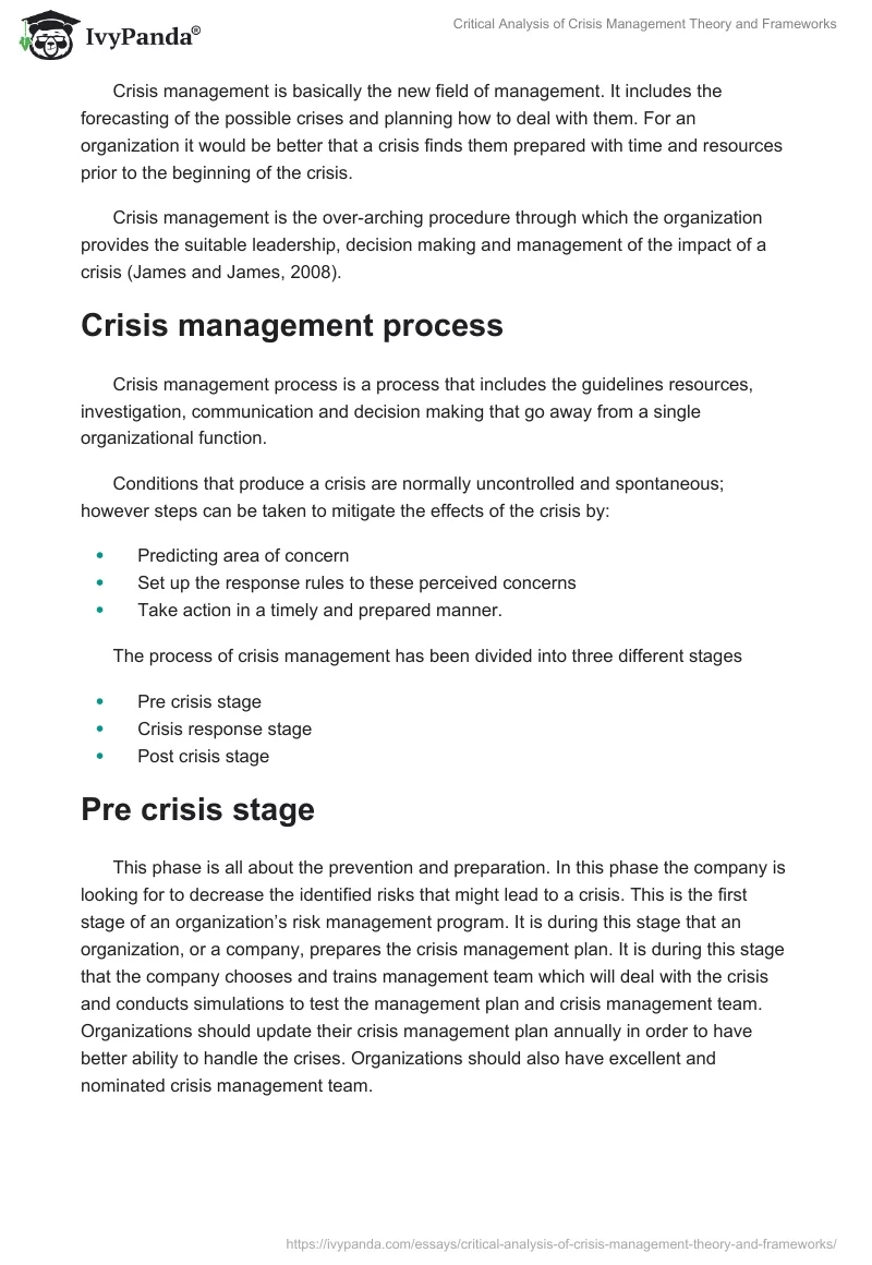 Critical Analysis of Crisis Management Theory and Frameworks. Page 5