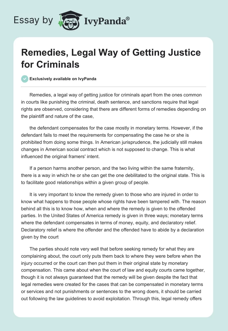 Remedies, Legal Way of Getting Justice for Criminals. Page 1