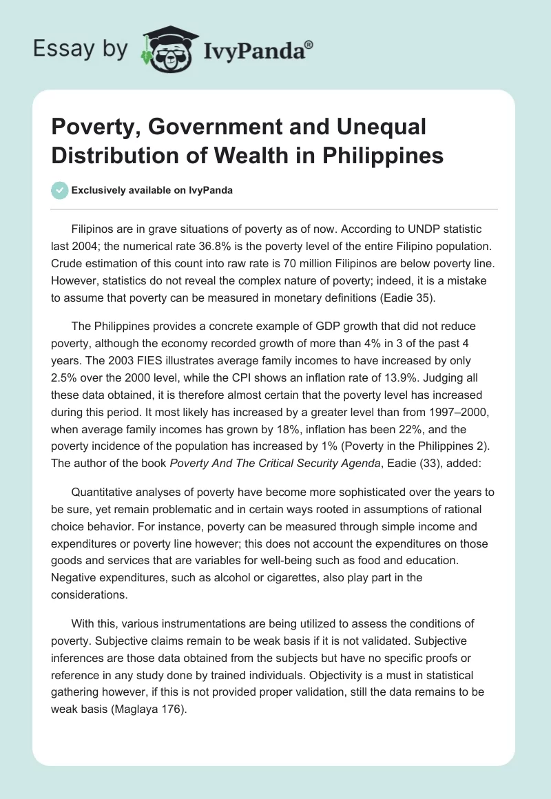Poverty, Government and Unequal Distribution of Wealth in Philippines. Page 1