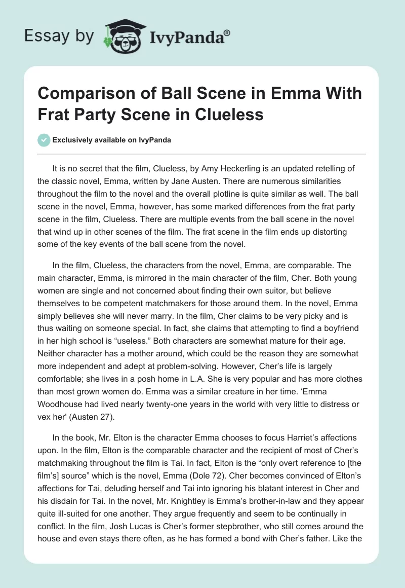 Comparison of Ball Scene in "Emma" With Frat Party Scene in "Clueless". Page 1