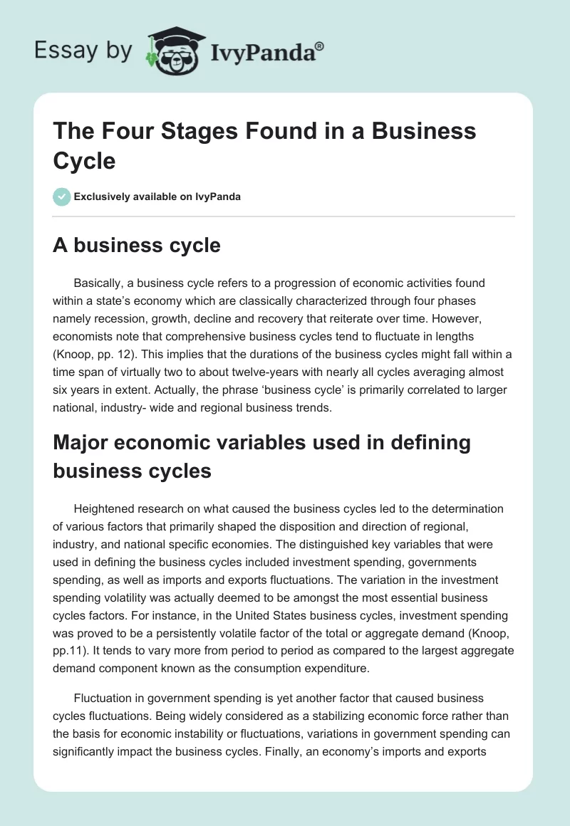 The Four Stages Found in a Business Cycle. Page 1