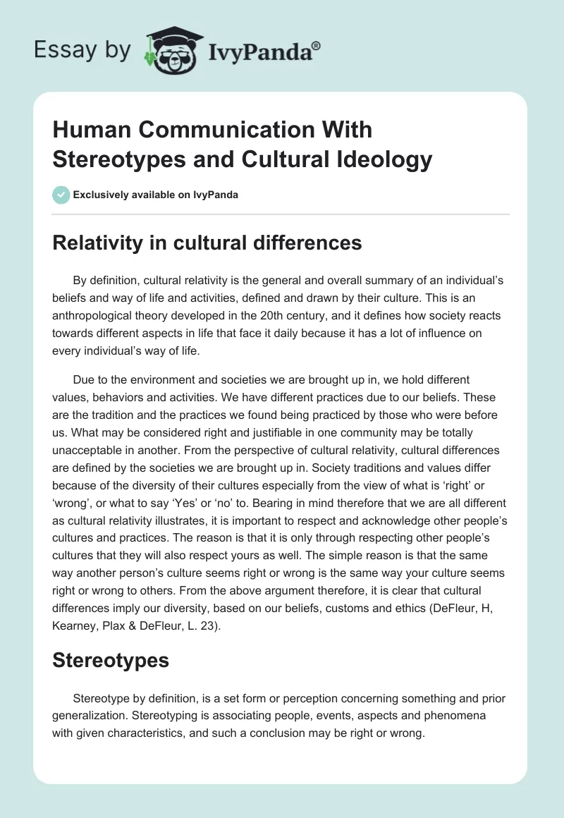 Human Communication With Stereotypes and Cultural Ideology. Page 1