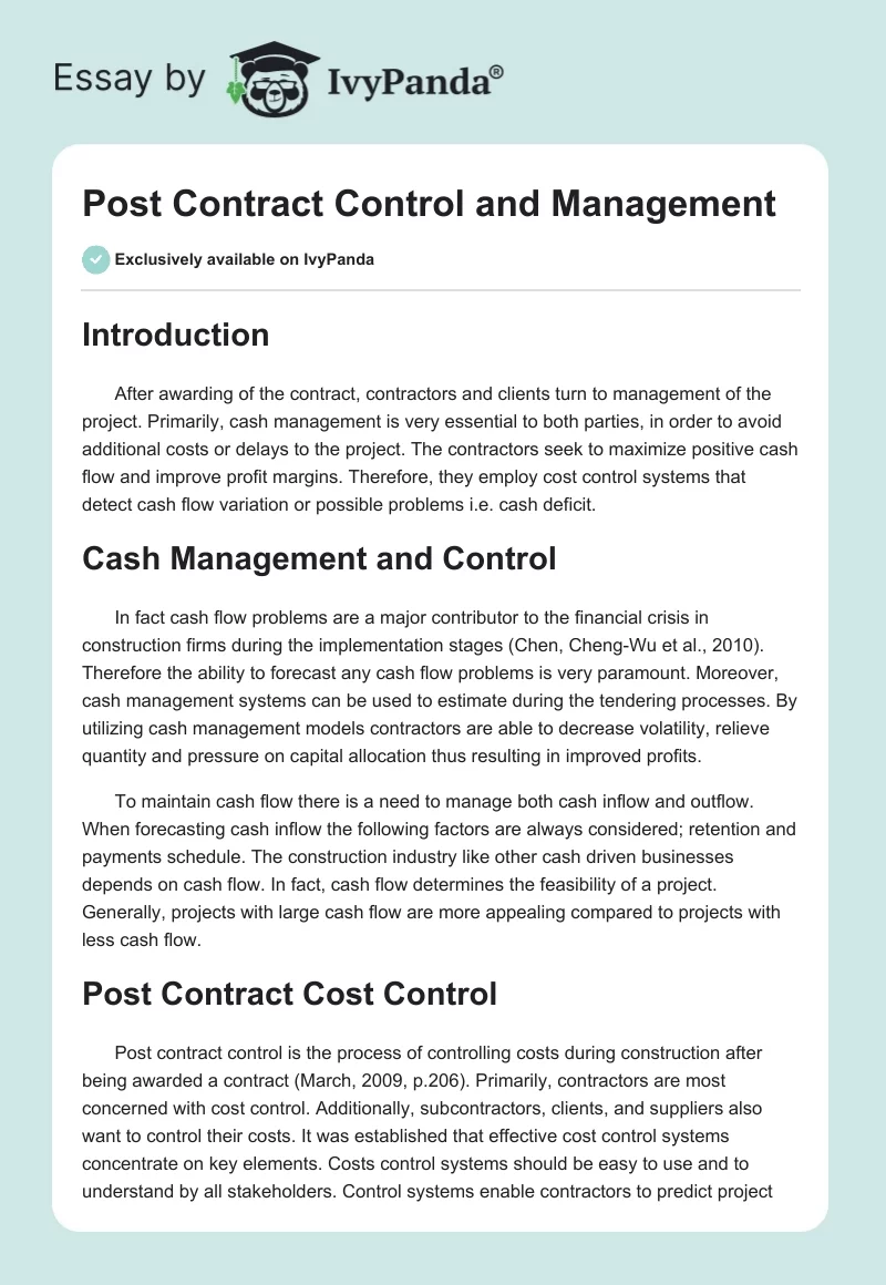 Post Contract Control and Management. Page 1