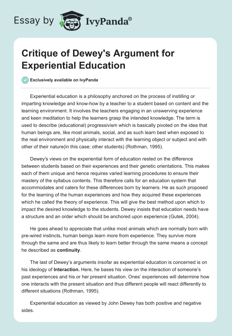 Critique of Dewey's Argument for Experiential Education. Page 1